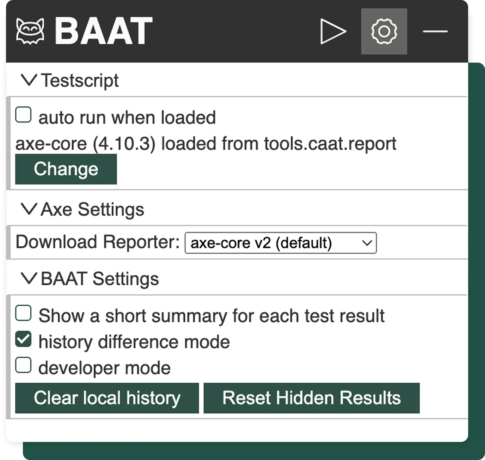 Screenshot: BAAT bookmarklet settings view with options for Testscript, Axe settings and BAAT Settings