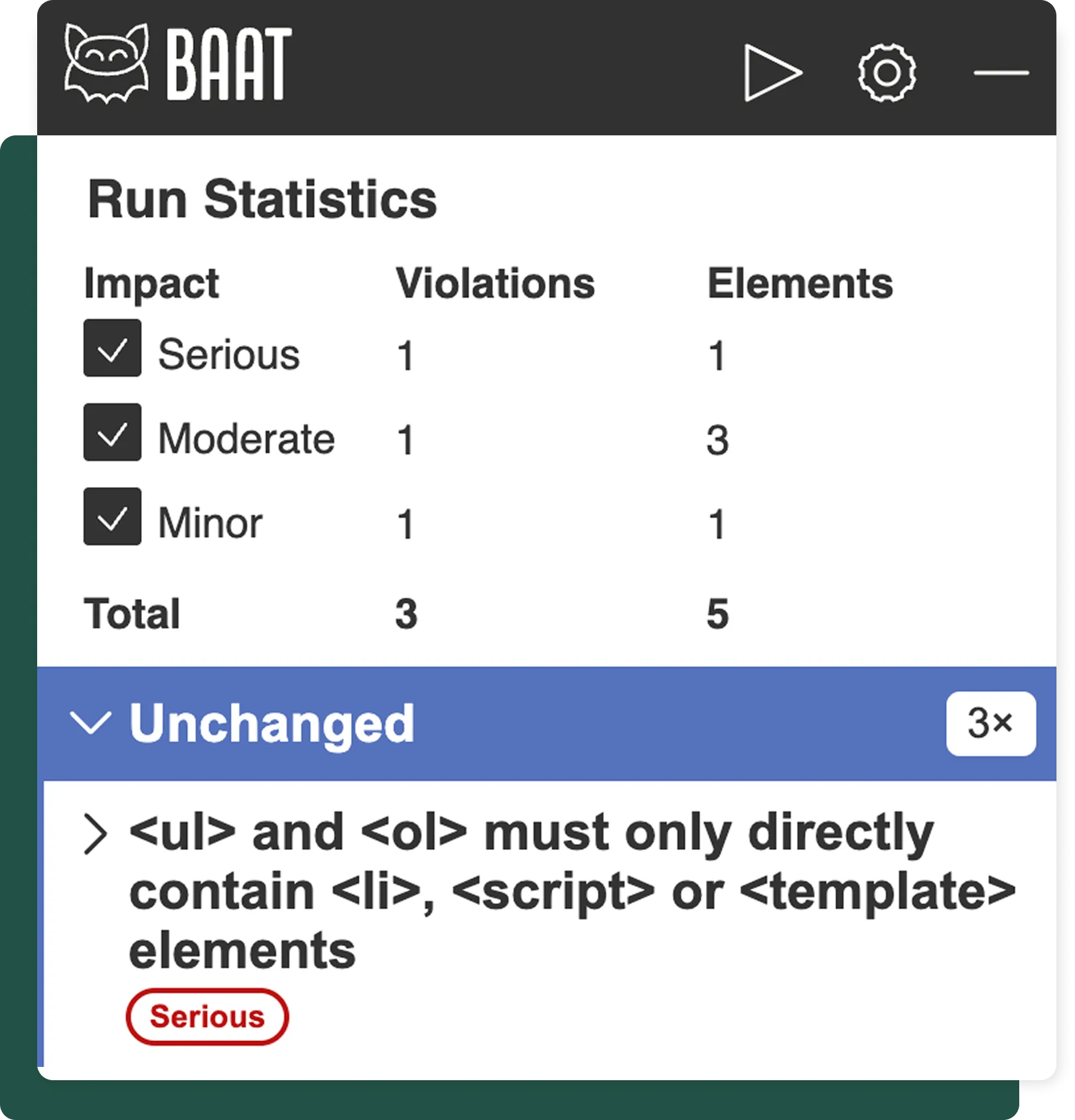 Screenshot: BAAT bookmarklet settings view with options for Testscript, Axe settings and BAAT Settings