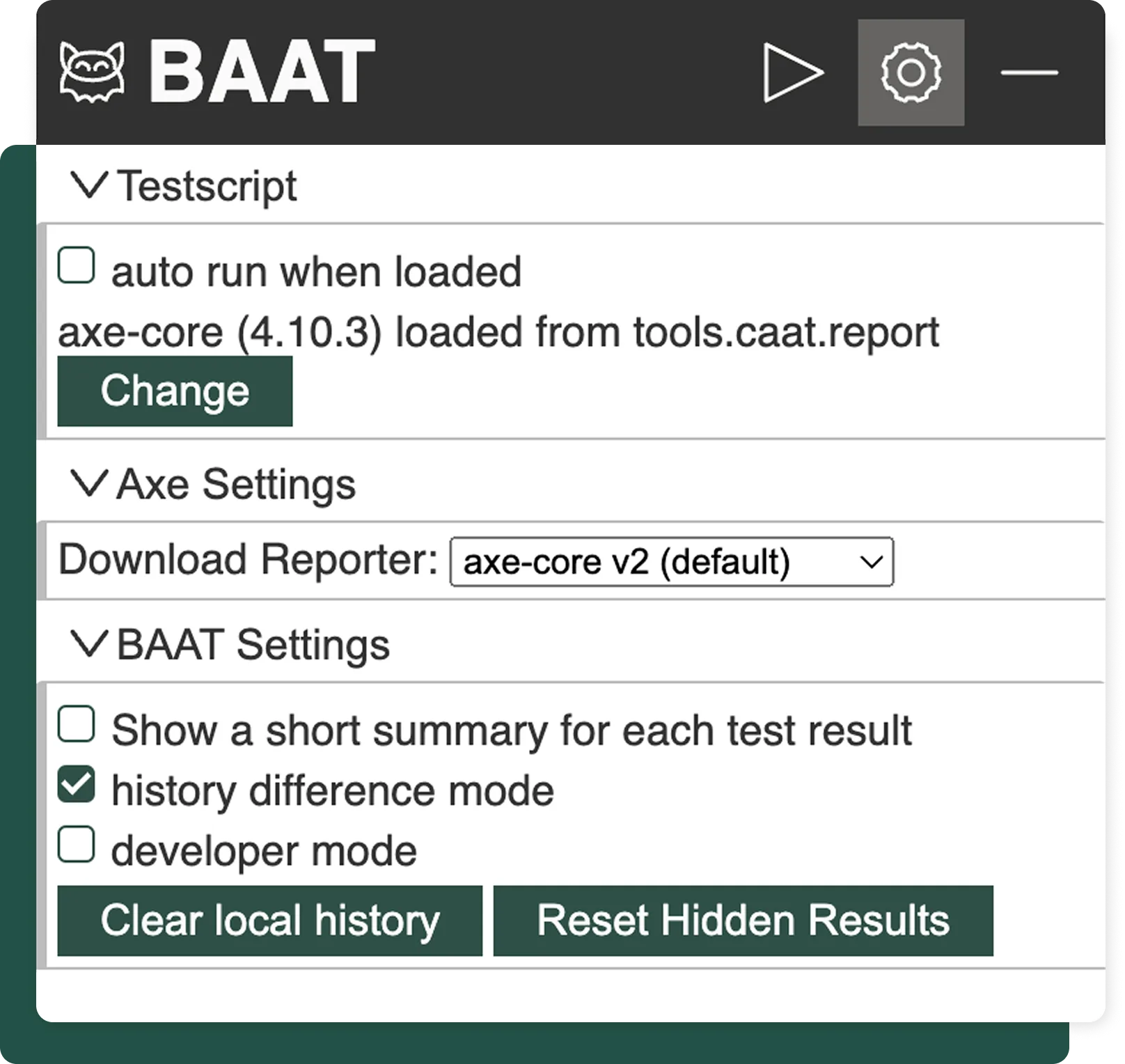 Screenshot: BAAT bookmarklet settings view with options for Testscript, Axe settings and BAAT Settings
