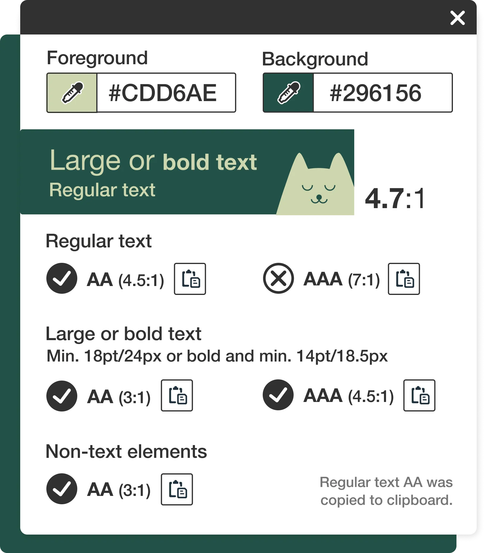 Screenshot: Contrast Checker with buttons and input fields to select foreground and background color, showing the contrast between the colors as well as the WCAG rules that fail or pass.