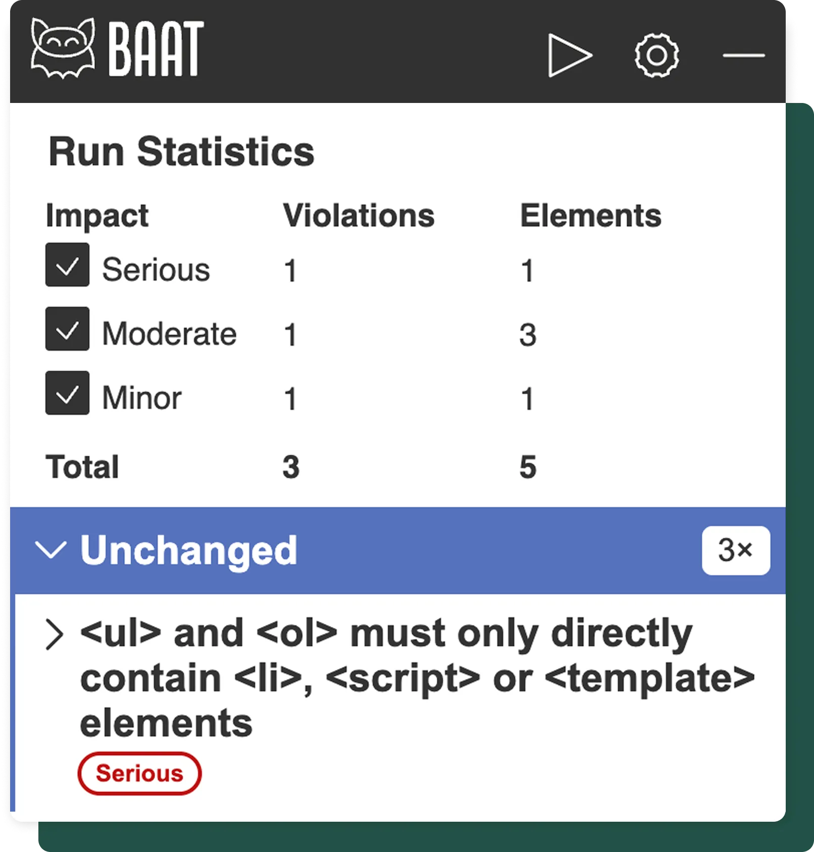 Screenshot: BAAT bookmarklet settings view with options for Testscript, Axe settings and BAAT Settings